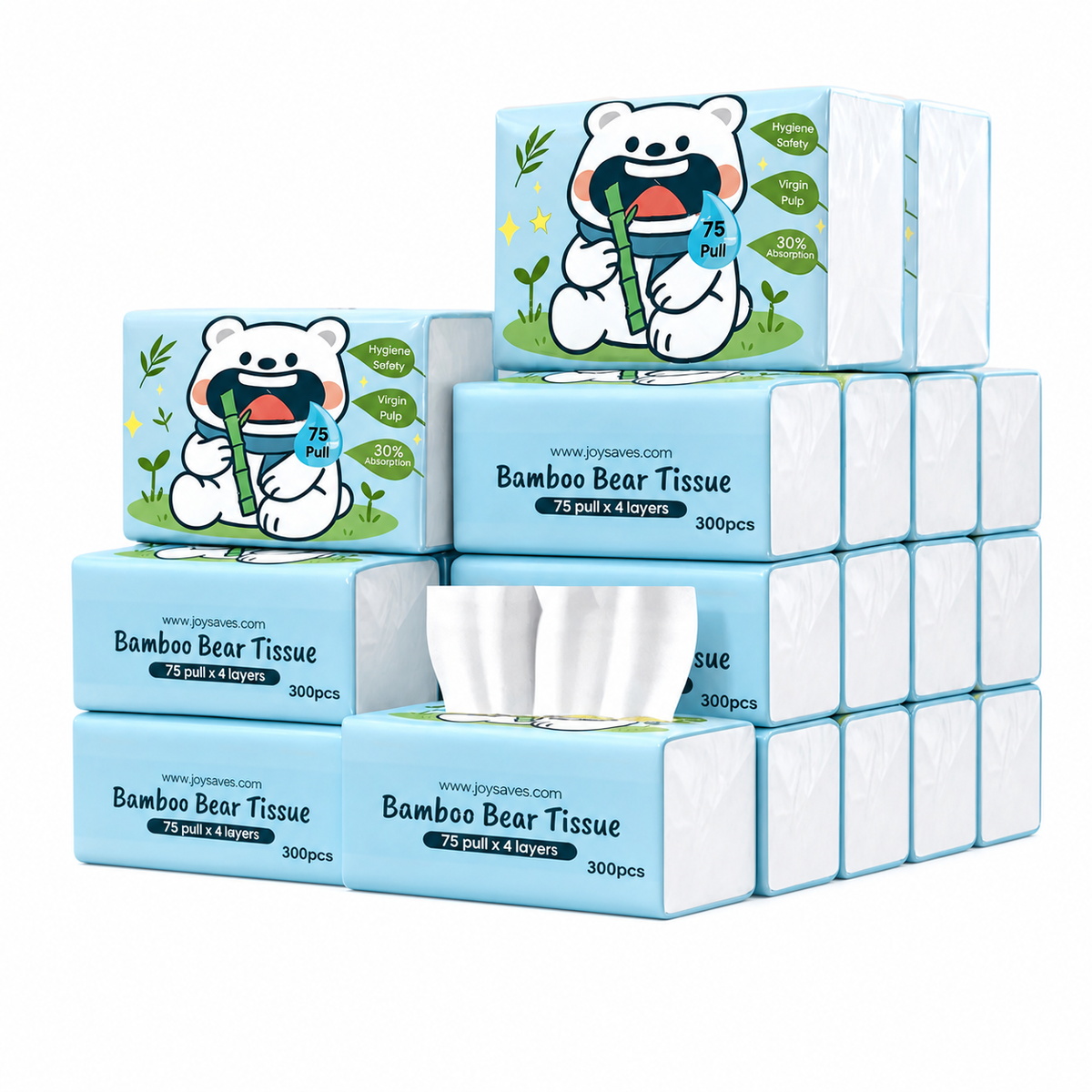 Joysaves Bamboo Bear Facial Tissue 4 Ply 75 Pulls (300 Sheets)